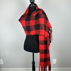 Chunky Buffalo Plaid Fringe Scarf Red Black 90”x20” New Winter Cozy Soft Warm